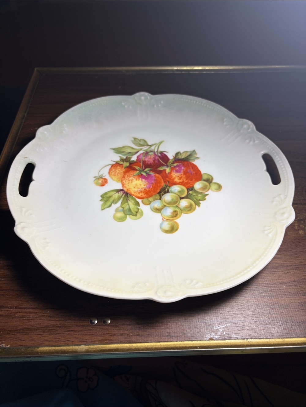Antique Cake Plate CS Bavaria Green Mark Fruit Grapes strawberries Handles